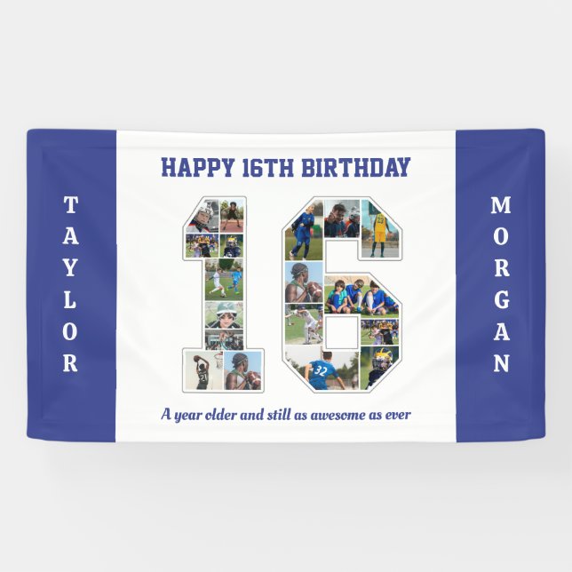16th Birthday Anniversary Number 16 Photo Collage Banner (Horizontal)