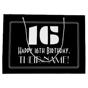 16th Birthday ~ Art Deco Inspired Look "16" + Name Large Gift Bag