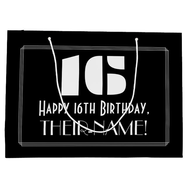 16th Birthday ~ Art Deco Inspired Look "16" + Name Large Gift Bag (Back)