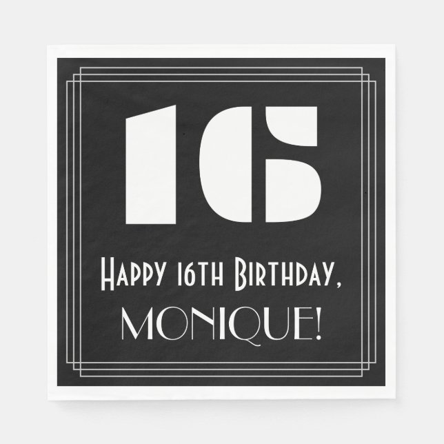 16th Birthday: Art Deco Inspired Look "16" + Name Napkin (Front)