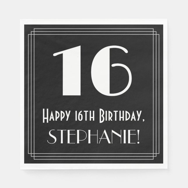16th Birthday ~ Art Deco Inspired Look "16", Name Napkin (Front)