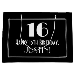 16th Birthday: Art Deco Inspired Style "16", Name Large Gift Bag