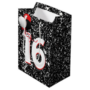 16th Birthday Balloons on Black Glitter Medium Gift Bag