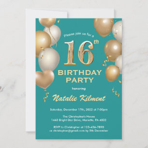 16th Birthday Birthday Teal and Gold Balloons Invitation