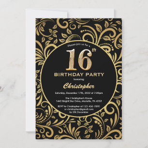 16th Birthday Black and Gold Floral Pattern Invitation