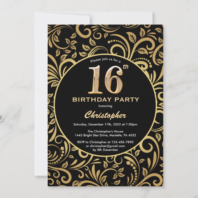 16th Birthday Black and Gold Floral Pattern Invitation (Front)