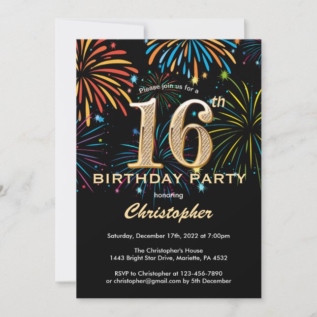 16th Birthday Black and Gold Rainbow Fireworks Invitation (Front)