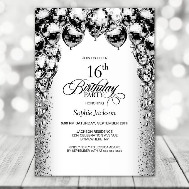 16th Birthday Black and White Balloons Party Invitation (Creator Uploaded)