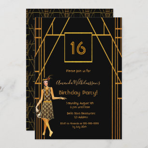 16th birthday black gold 1920's art deco style invitation
