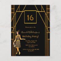 16th birthday black gold art deco style invitation