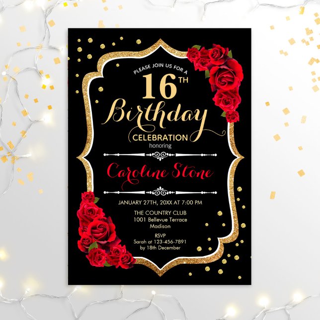 16th Birthday - Black Gold Red Roses Invitation (Creator Uploaded)