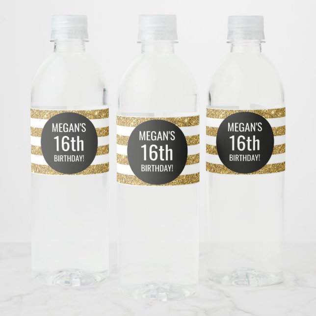 16th Birthday Black Gold Stripes Water Bottle Label (Bottles)