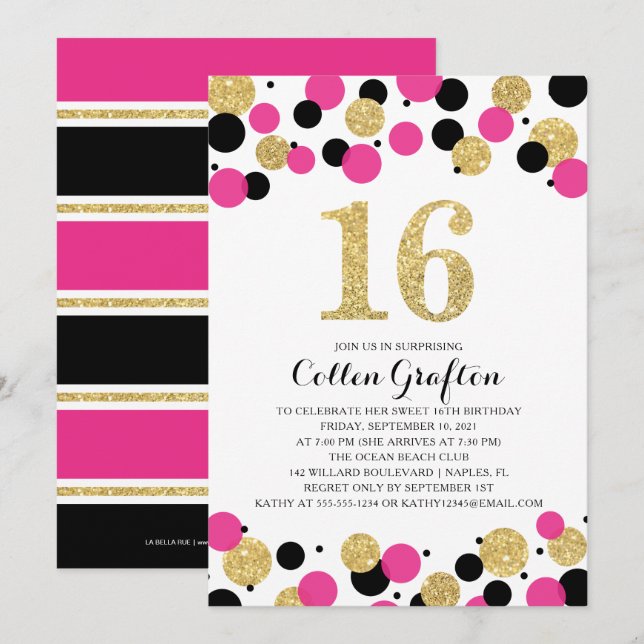 16th Birthday Black Hot Pink Gold Glitter Confetti Invitation (Front/Back)