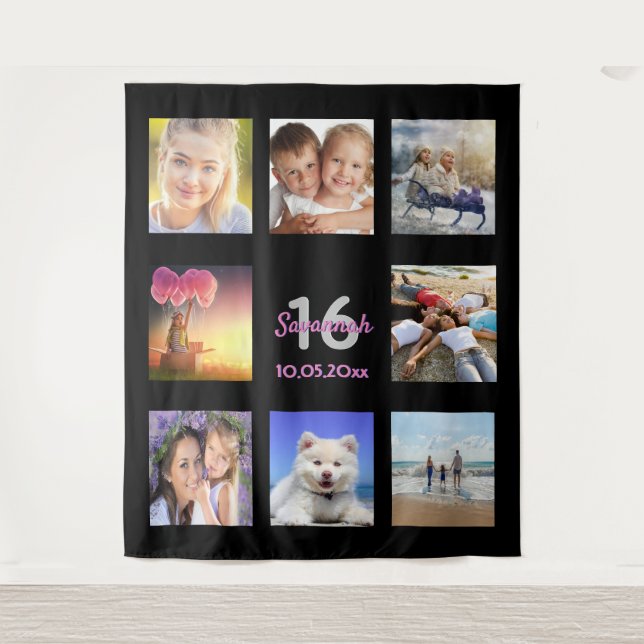 16th birthday black pink photo collage tapestry (Front)