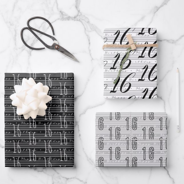 16th Birthday Black White Typography Numbers Wrapping Paper Sheet (Front)