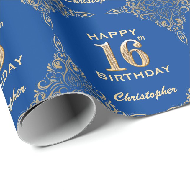 16th Birthday Blue and Gold Glitter Frame Wrapping Paper (Roll Corner)