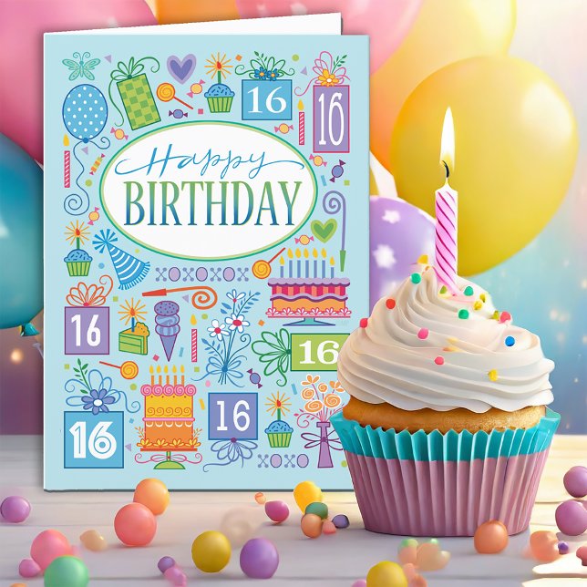 16th Birthday  Blue Cake Balloon Card (Creator Uploaded)