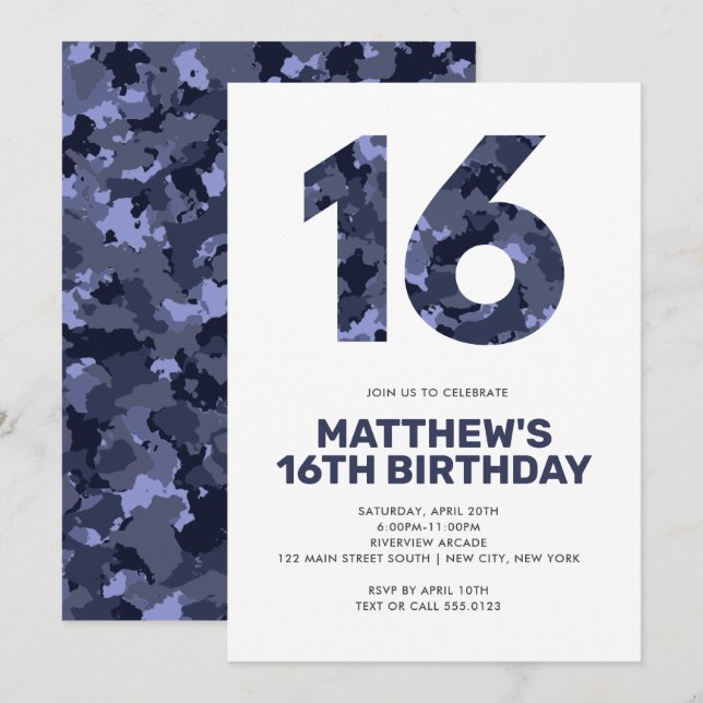 16TH Birthday, Blue Camo Personalised Teen Invitation (Front/Back)