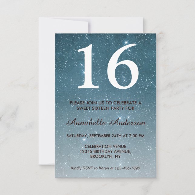 16th Birthday Blue Midnight Sky Star Sweet Sixteen Invitation (Front)