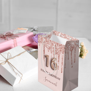 16th birthday blush pink glitter drips rose gold medium gift bag