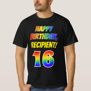 16th Birthday — Bold, Fun, Rainbow 16, Custom Name T-Shirt