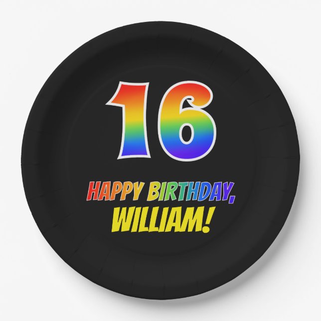 16th Birthday: Bold, Fun, Simple, Rainbow 16 Paper Plate (Front)