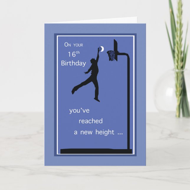 16th Birthday Boy Basketball Reaching High on Blue Card (Front)
