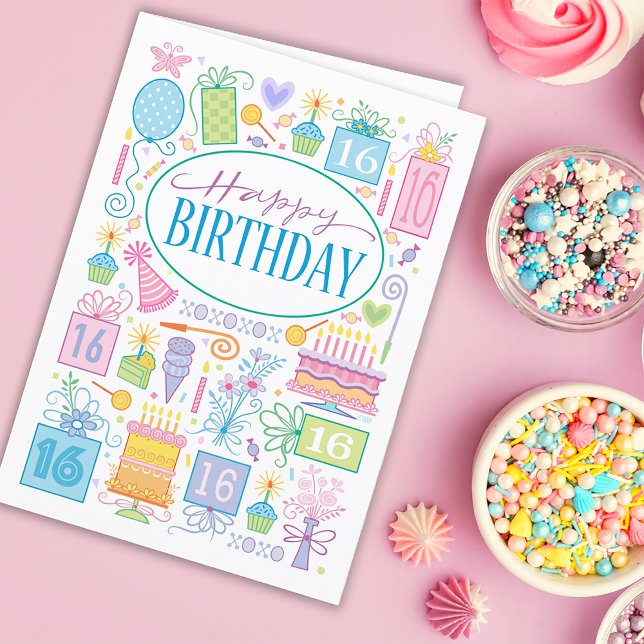 16th Birthday Bright Pastel Icons On Blue Card (Creator Uploaded)