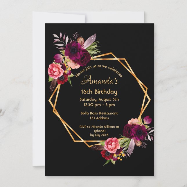 16th birthday burgundy floral gold geometric black invitation (Front)