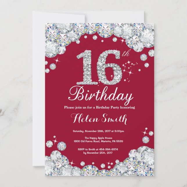 16th Birthday Burgundy Red and Silver Diamond Invitation (Front)