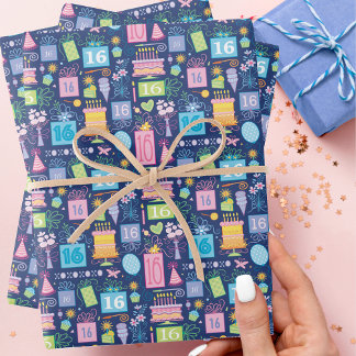 16th Birthday Cake Presents Balloons Blue Wrapping Paper Sheet