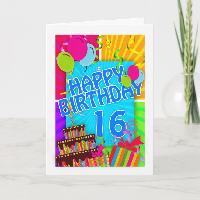 16th birthday card bright and colourful - cake (Front)