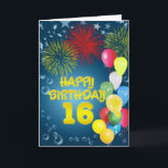 16th Birthday card with fireworks and balloons<br><div class="desc">Exploding fireworks light up the sky on this spectacular 16th birthday card. A lot of celebration balloons add to the party feeling . A birthday card suitable for everybody. Copyright Norma Cornes.</div>