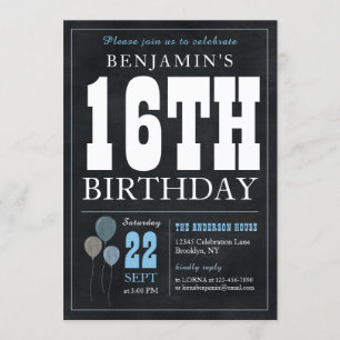 16th Birthday Chalkboard Blue Balloon Rustic Chic Invitation