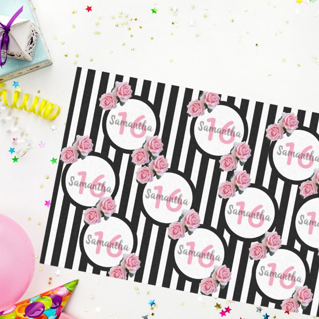 16th birthday chic pink roses black white stripes tissue paper (Creator Uploaded)
