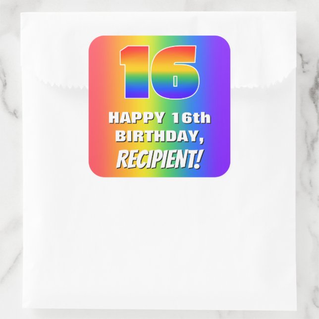 16th Birthday: Colorful, Fun Rainbow Pattern # 16 Square Sticker (Bag)