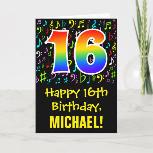 16th Birthday: Colorful Music Symbols + Rainbow 16 Card