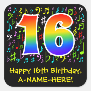 16th Birthday: Colorful Music Symbols, Rainbow 16 Square Sticker