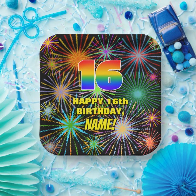 16th Birthday: Colourful, Fun Celebratory Firework Paper Plate (Party)