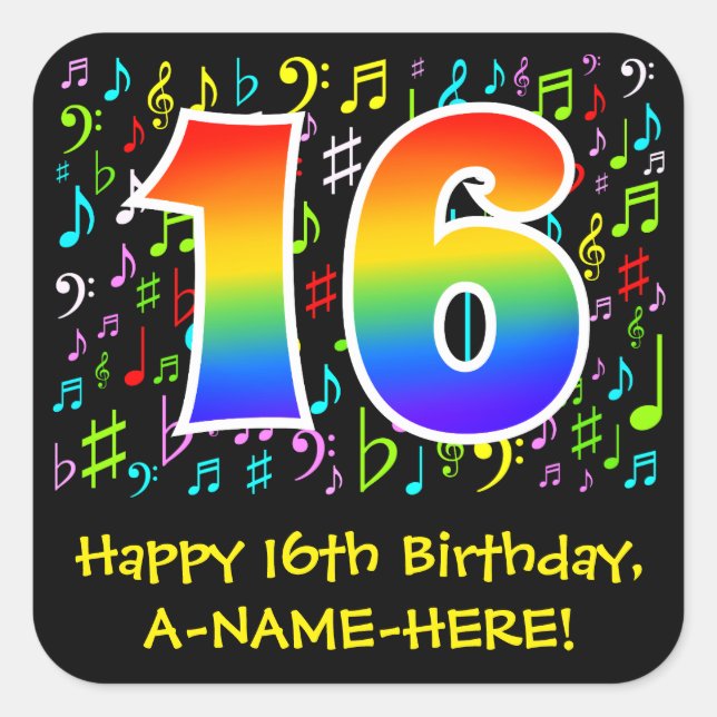 16th Birthday: Colourful Music Symbols, Rainbow 16 Square Sticker (Front)