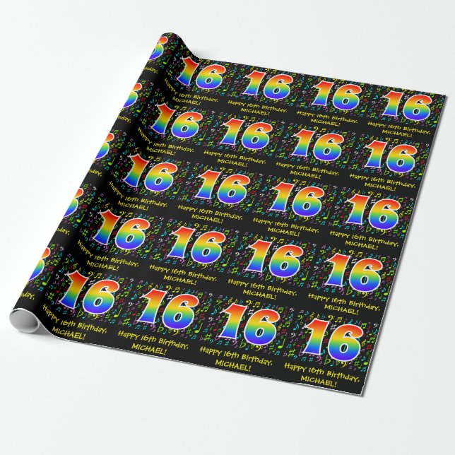 16th Birthday: Colourful Music Symbols, Rainbow 16 Wrapping Paper (Unrolled)