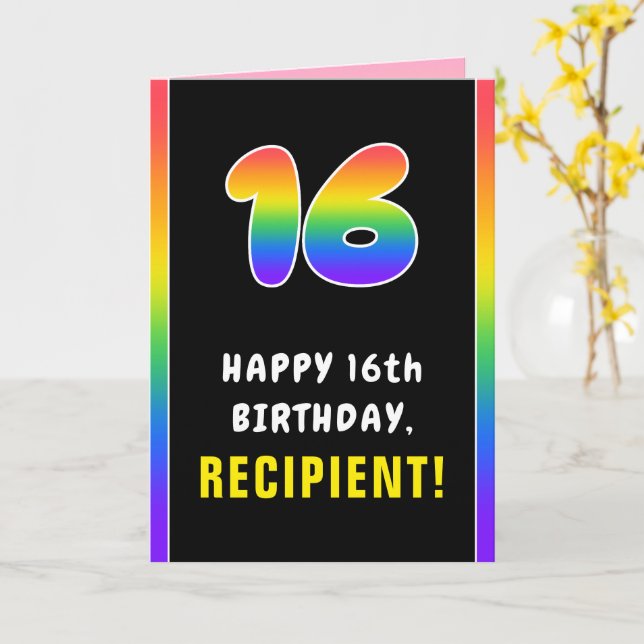 16th Birthday: Colourful Rainbow # 16, Custom Name Card (Yellow Flower)
