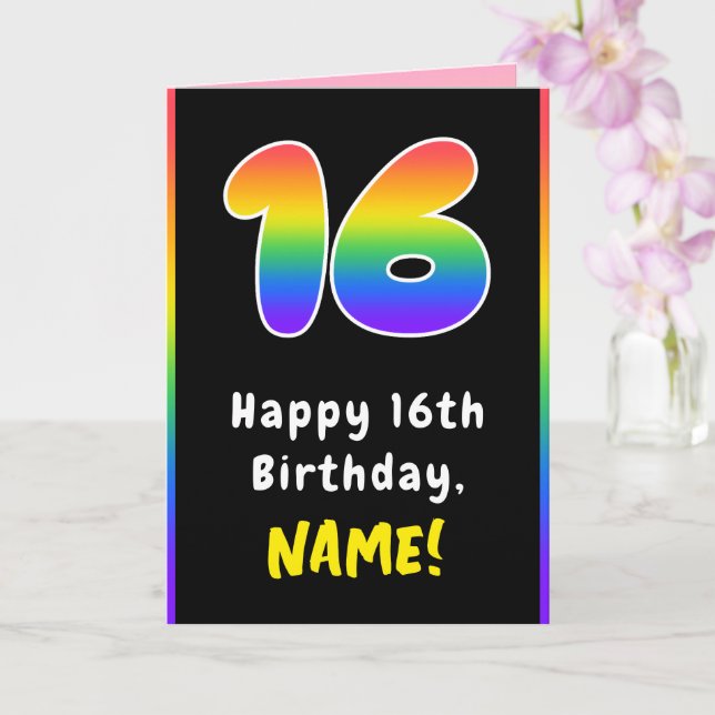 16th Birthday: Colourful Rainbow # 16, Custom Name Card (Orchid)