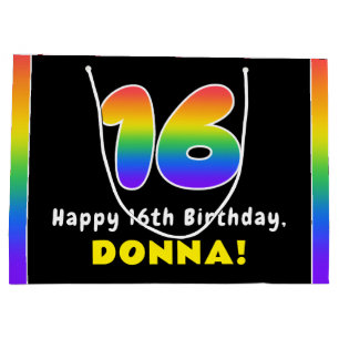 16th Birthday: Colourful Rainbow # 16, Custom Name Large Gift Bag