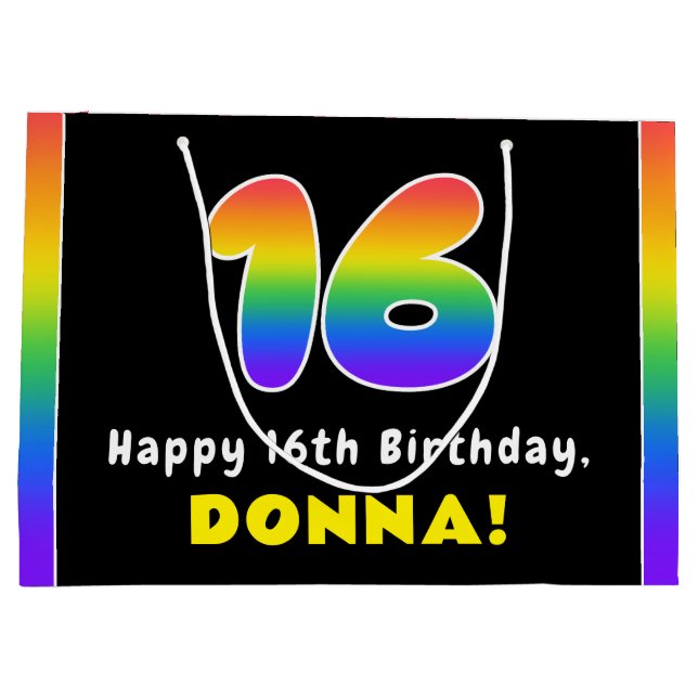 16th Birthday: Colourful Rainbow # 16, Custom Name Large Gift Bag (Back)