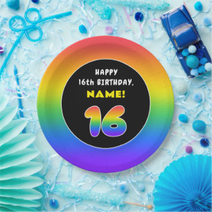 16th Birthday: Colourful Rainbow # 16, Custom Name Paper Plate