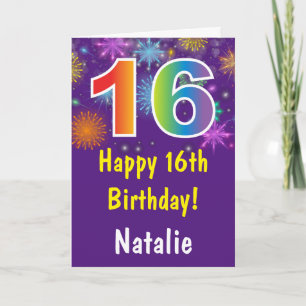 16th Birthday Colourful Rainbow Fireworks Purple Card