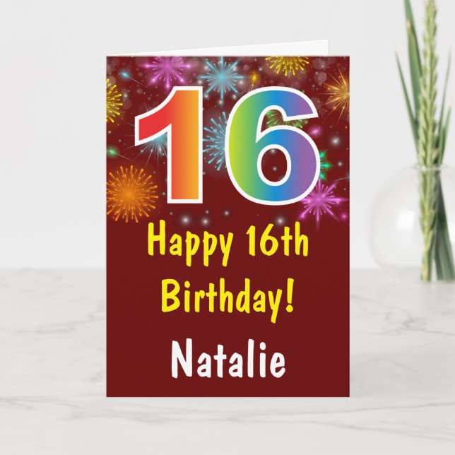 16th Birthday Colourful Rainbow Fireworks Red Card (Front)