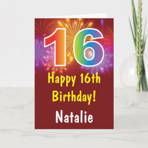 16th Birthday Colourful Rainbow Fireworks Red Card