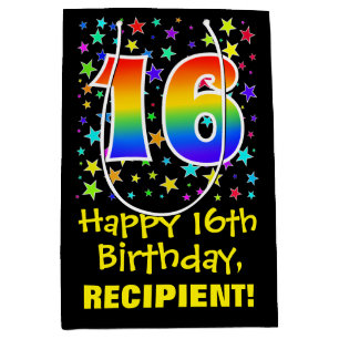 16th Birthday: Colourful Stars Pattern & Rainbow 1 Medium Gift Bag